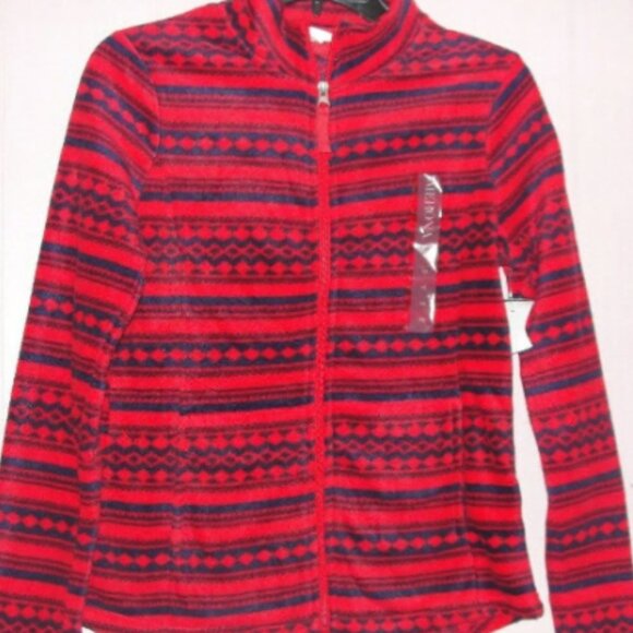 Women's JUNIOR SZ XS red + blue fleece jacket stripe long sleeve - Picture 1 of 3